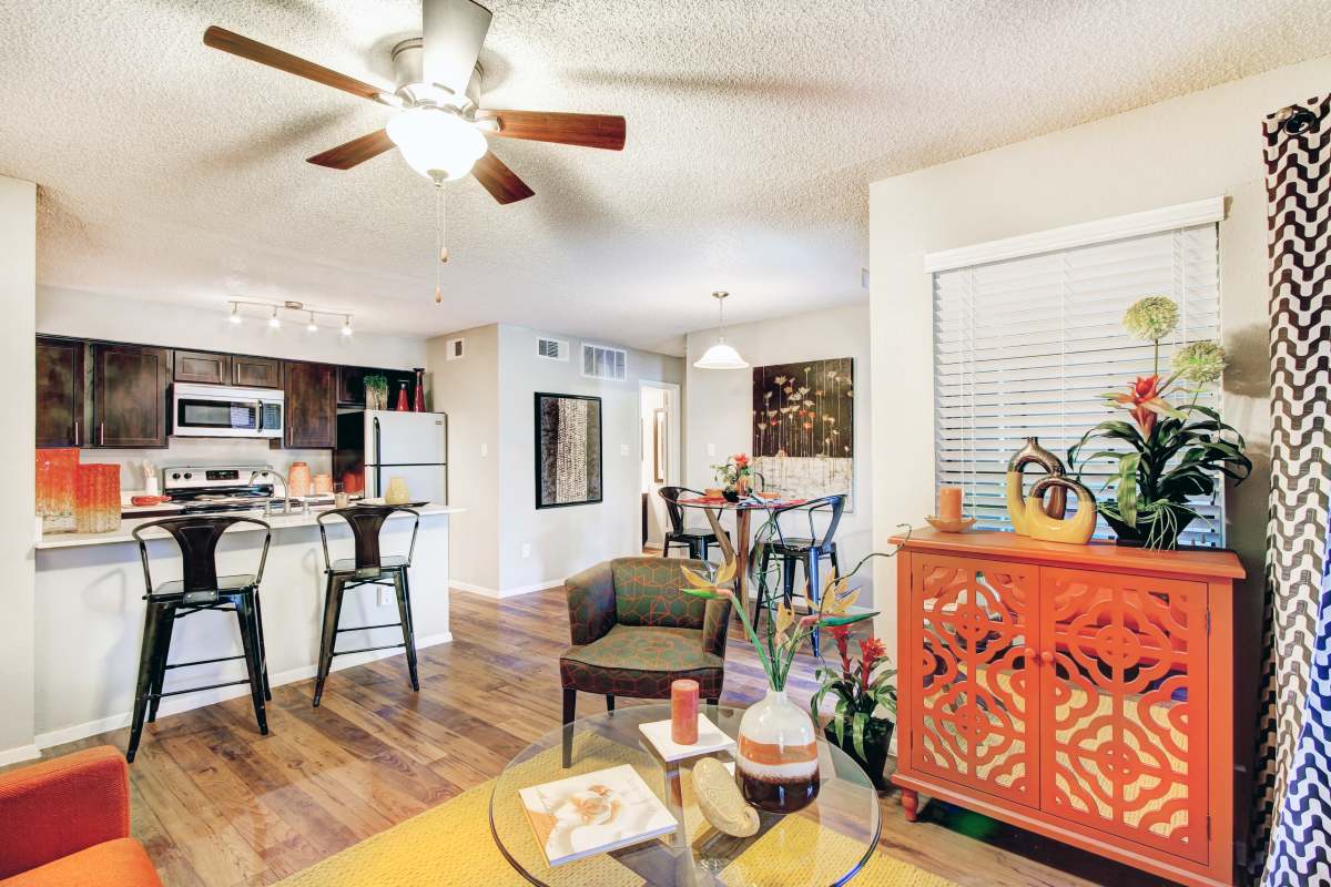 Furnished living room in a model apartment at The Flats on San Felipe in Austin, Texas