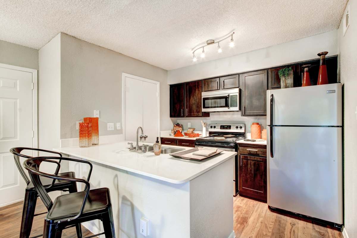 Stainless-steel appliances at The Flats on San Felipe in Austin, Texas