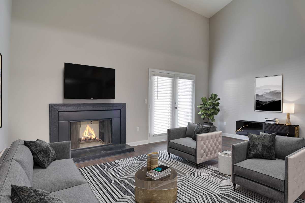 Fireplace in an apartment living room at Mirador at Idlewood in Clarkston, Georgia