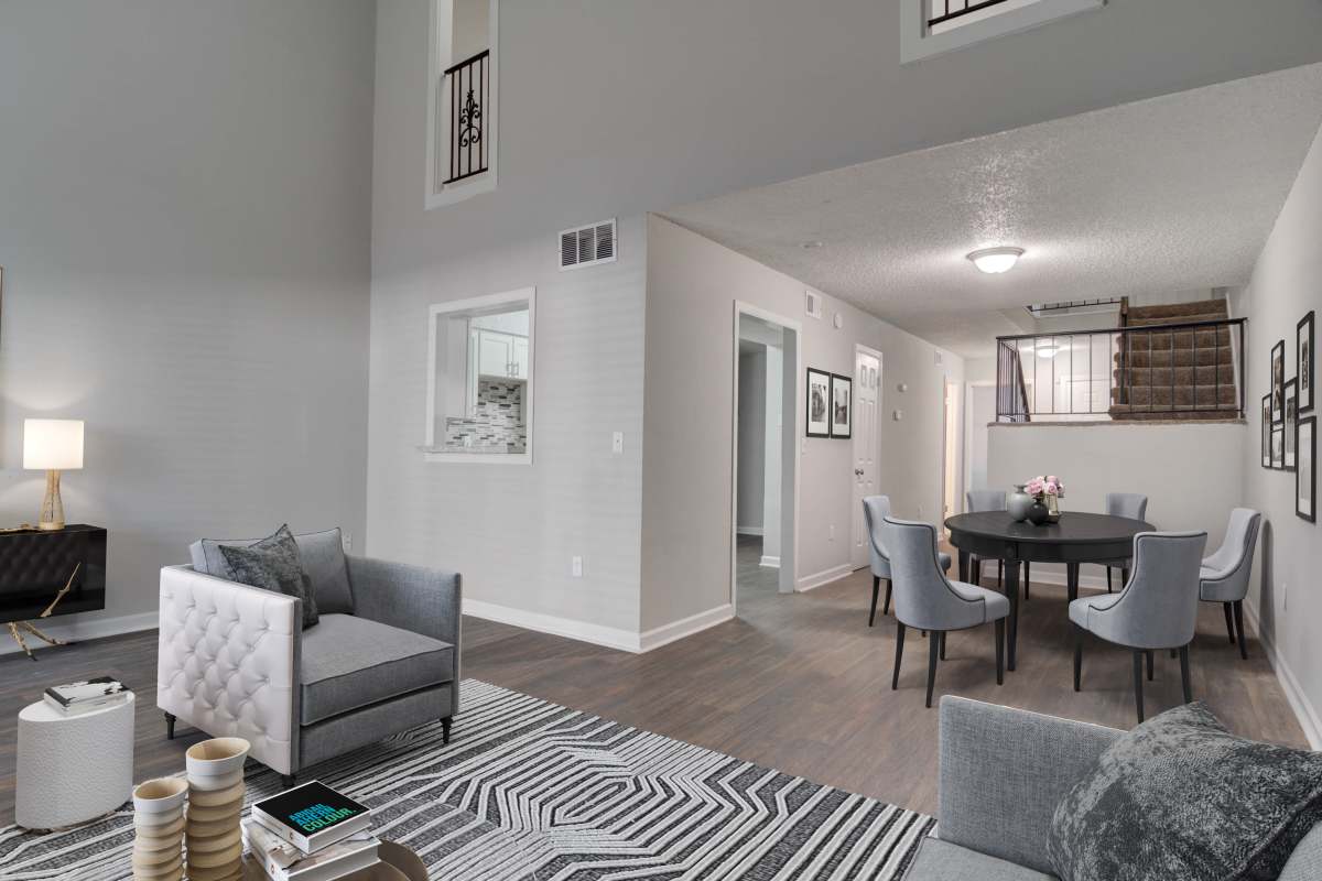 Living room and kitchen at Mirador at Idlewood in Clarkston, Georgia