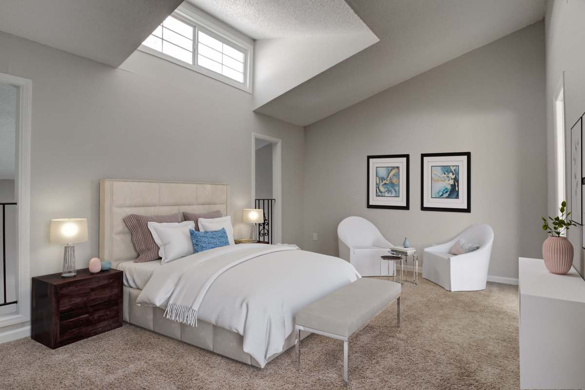 Bedroom with vaulted ceilings at Mirador at Idlewood in Clarkston, Georgia