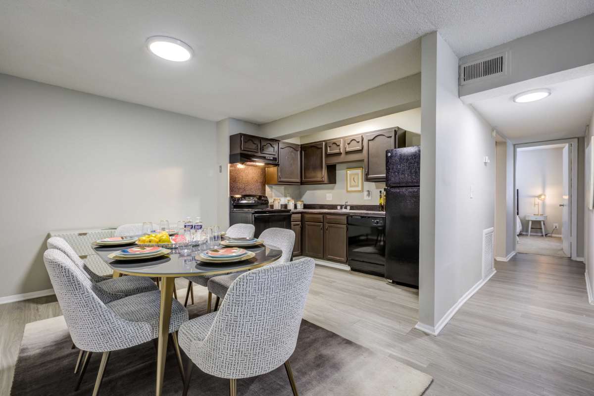 Kitchen and dining area at Somerset Apartments in Charlotte, North Carolina
