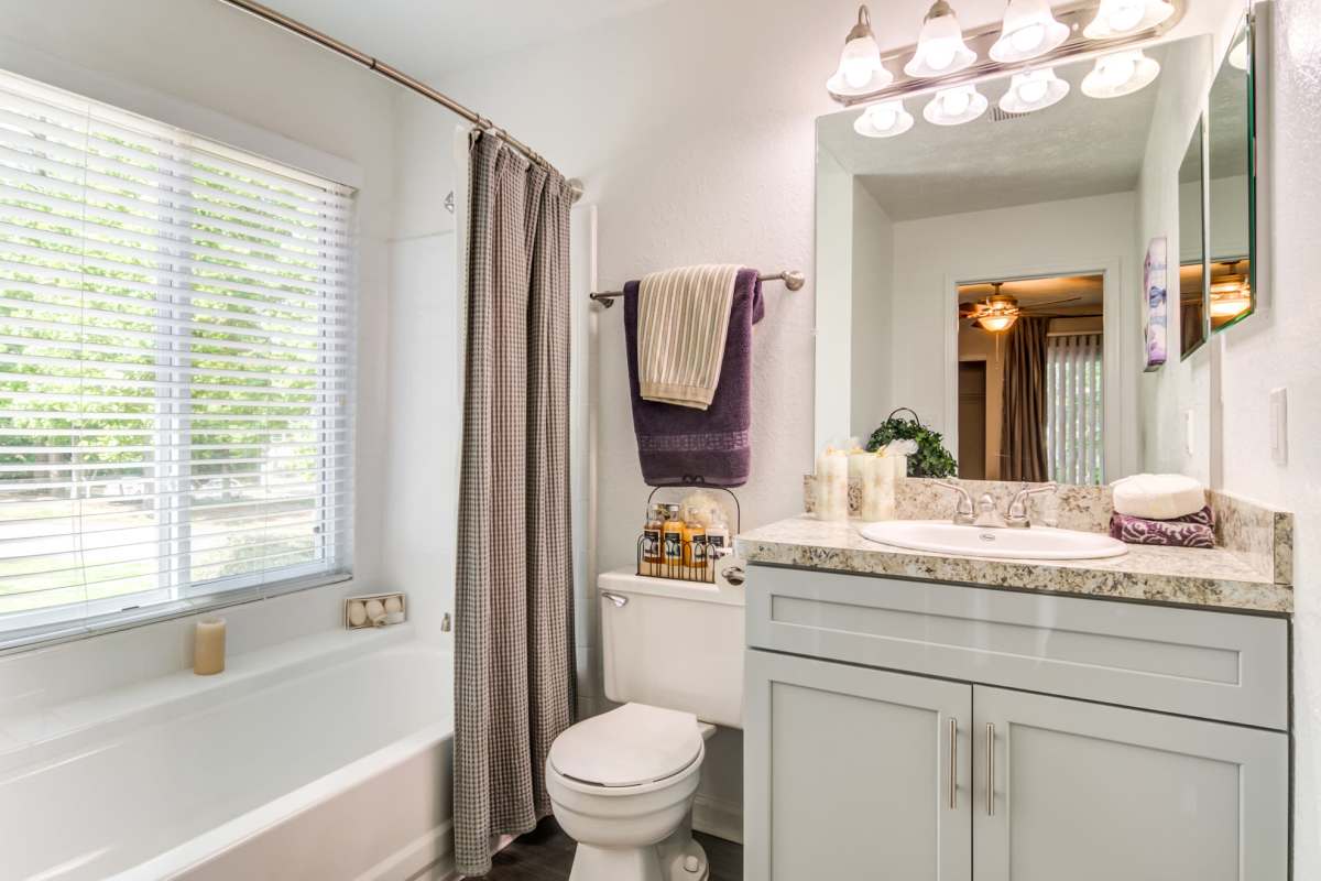 Apartment bathroom at 2200 Big Creek Apartments in Roswell, Georgia