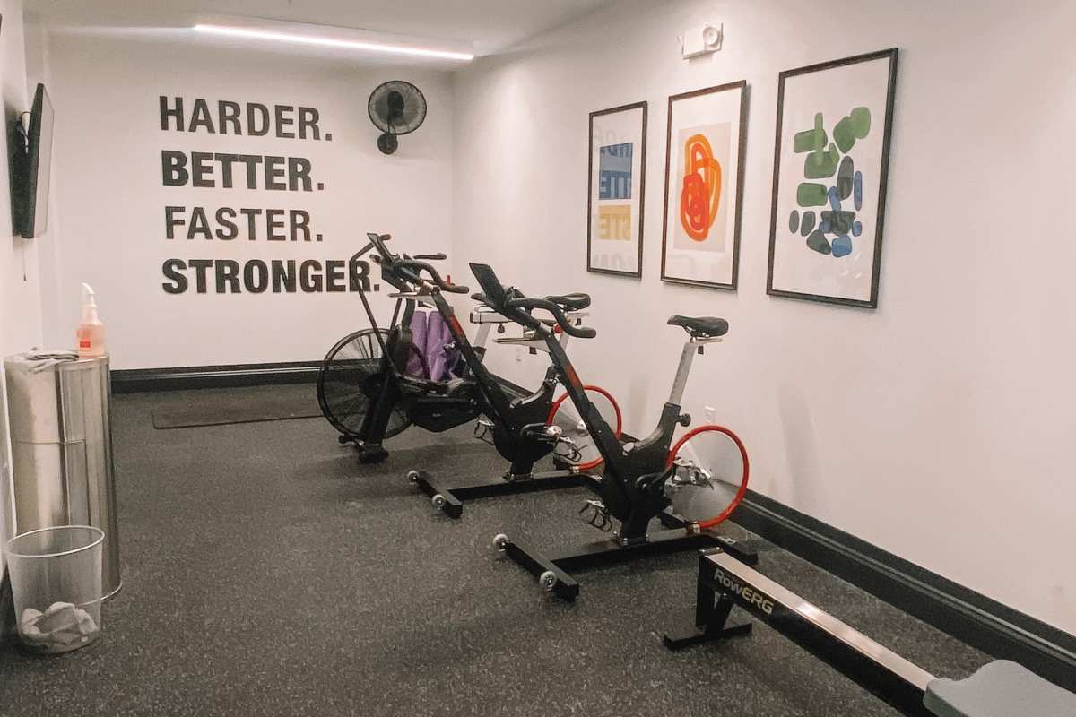 Workout room with fitness equipment at LivRed in Lincoln, Nebraska