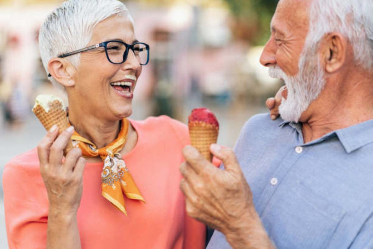 A man and a woman eating ice cream at York Gardens in Edina, Minnesota