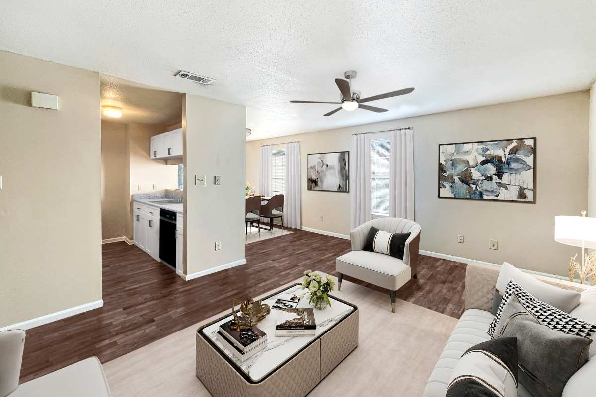Renovated apartment with wood-style flooring at Hidden Oaks at Siegen in Baton Rouge, Louisiana