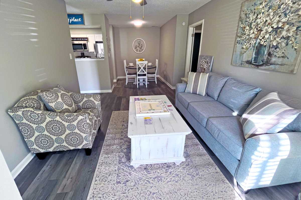 Living room and dining area at Trinity Lakes in Cordova, Tennessee