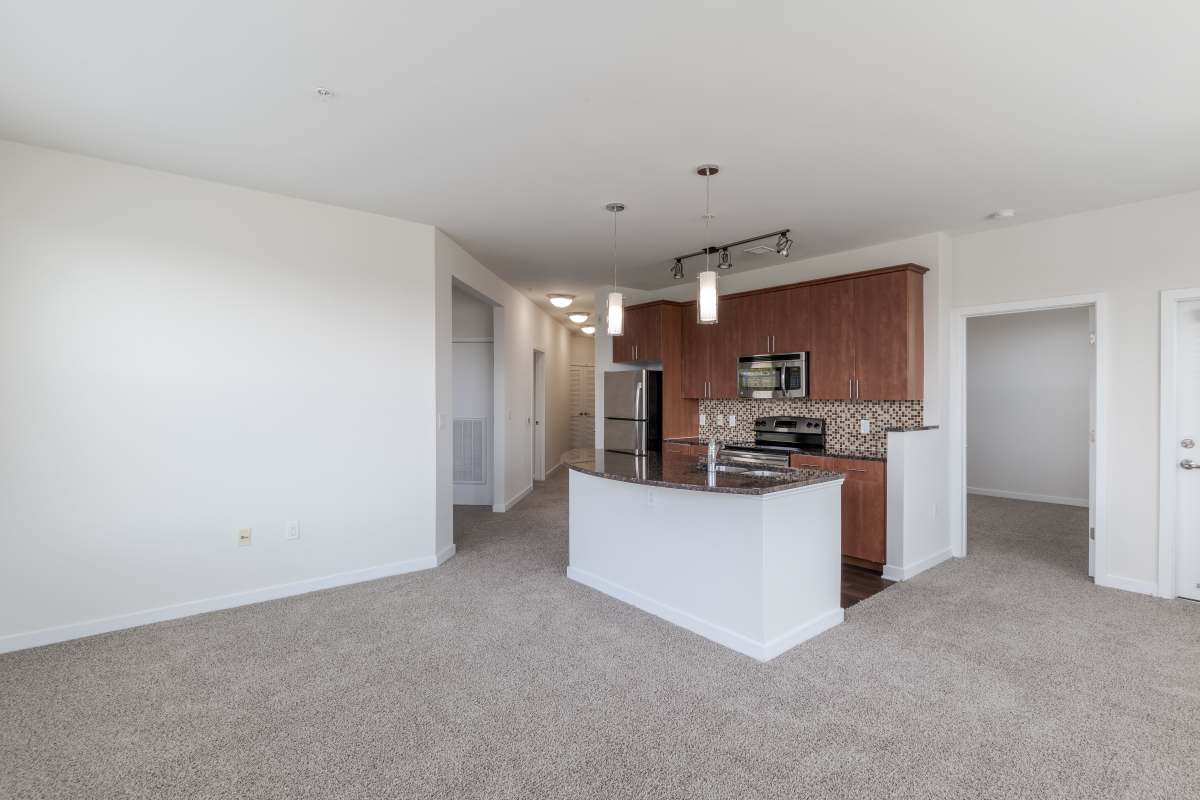 A kitchen and living room with white walls at The Tala at Washington Hill in Baltimore, Maryland