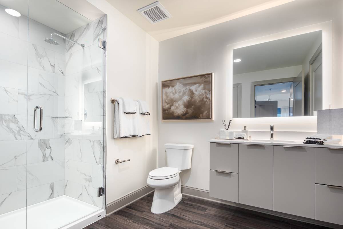 Bathroom with a walk-in shower at The Eastern in Raleigh, North Carolina