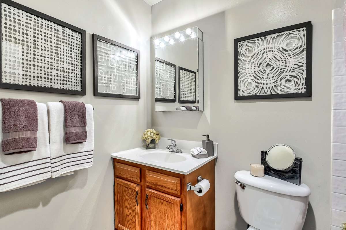 Well-lit resident bathroom at The Pines in Harrisburg, Pennsylvania