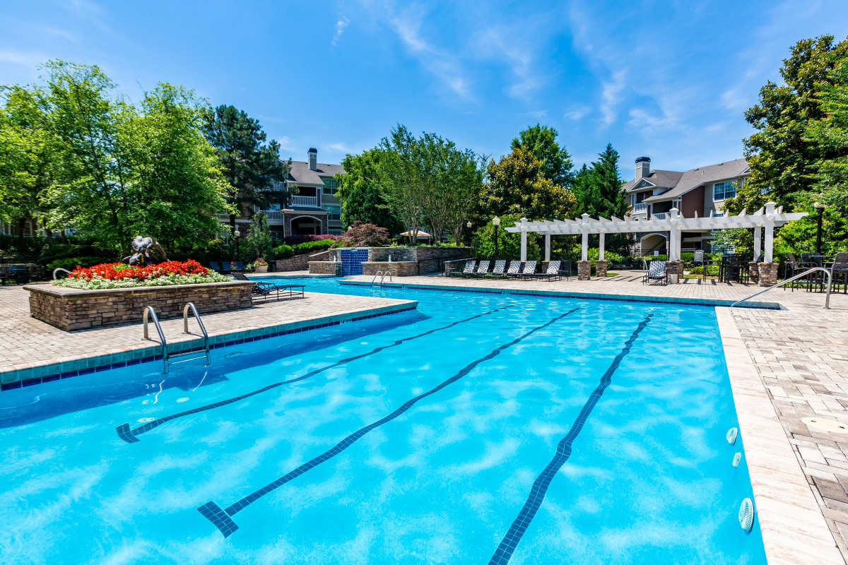 Resort-style swimming pool at Preserve at Legacy Park in Lawrenceville, Georgia