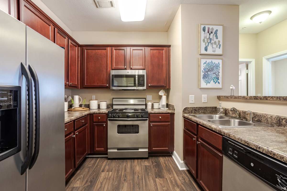 Kitchen with stainless-steel appliances at Centennial Village, Oak Ridge, Tennessee