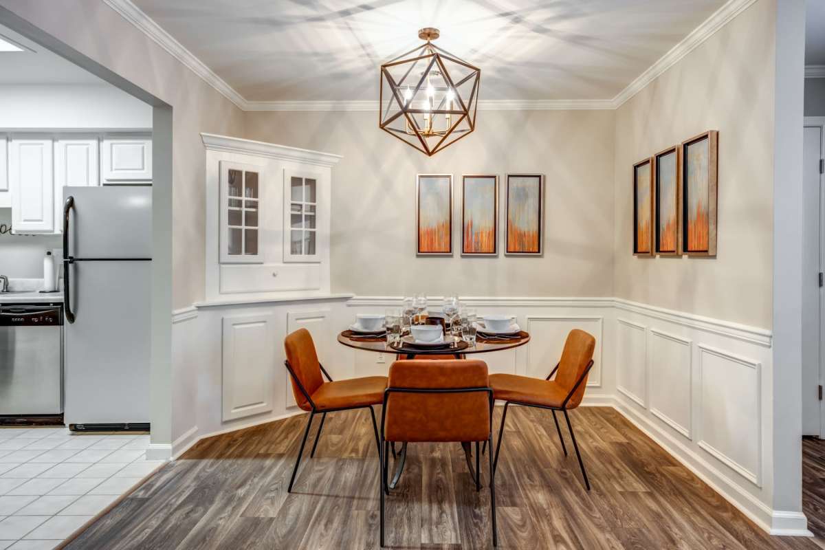 Dining table with an open kitchen at Smoky Crossing, Seymour, Tennessee