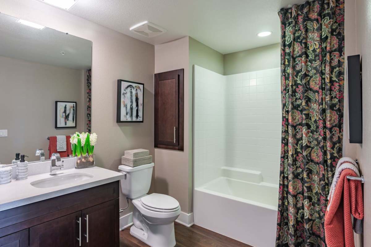 Bathroom with bathtub at The Boulevard Apartment Homes in Woodland Hills, California