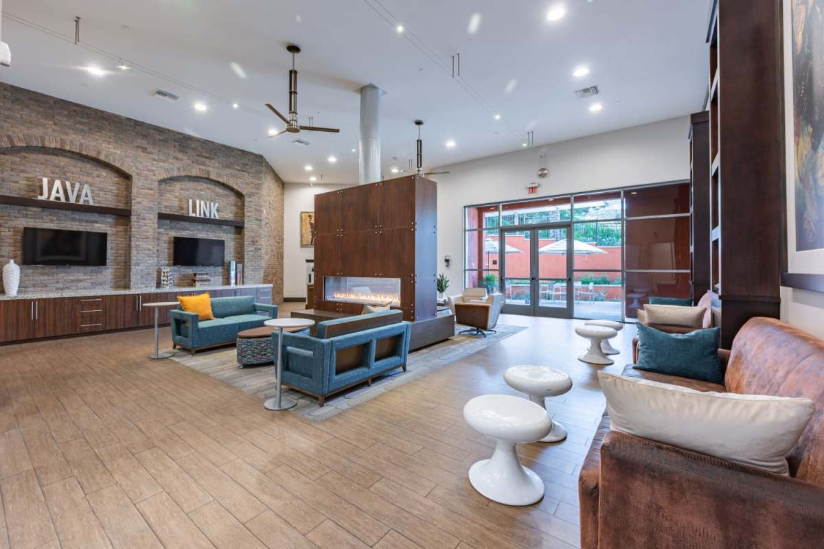 Clubhouse with hard wood celling at The Boulevard Apartment Homes in Woodland Hills, California 