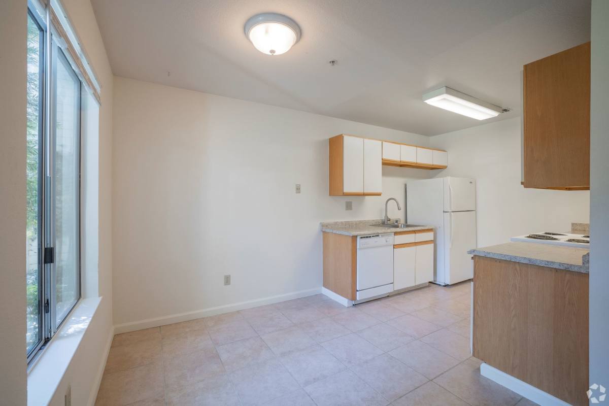 Apartment kitchen and dining area at Cadillac Flats in Napa, California