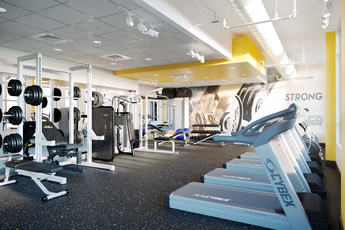 Fitness center with treadmills at Brookside Downtown in Columbia, Missouri, 