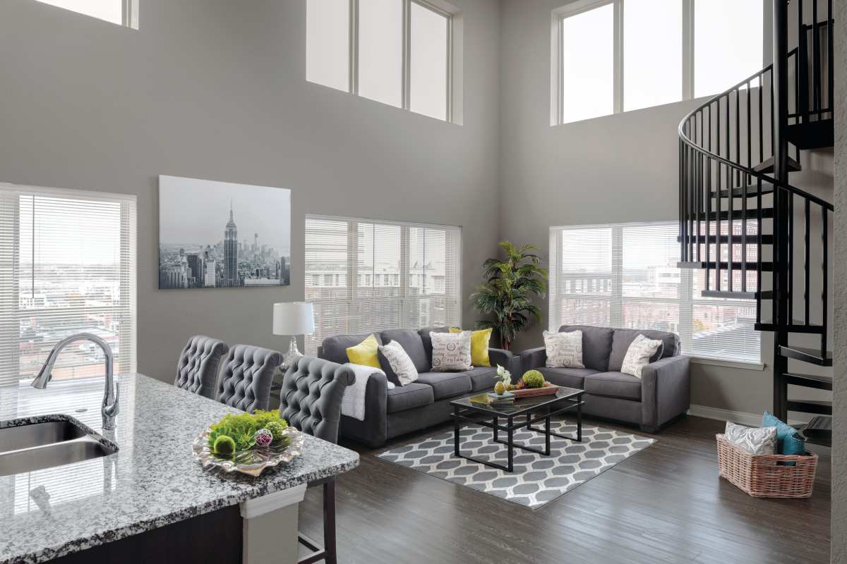 Open concept living spaces at Brookside Downtown in Columbia, Missouri, 