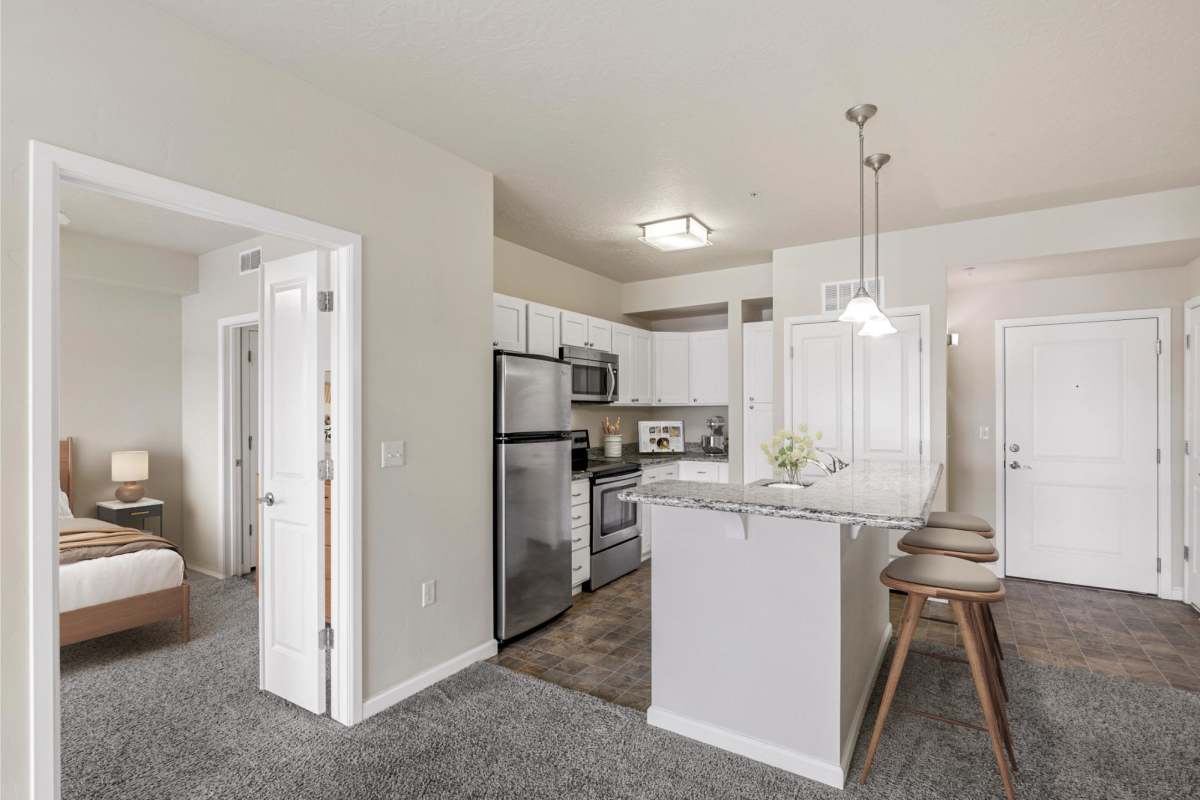 Kitchen with hanging light at Sugar Flats in Salt Lake City, Utah
