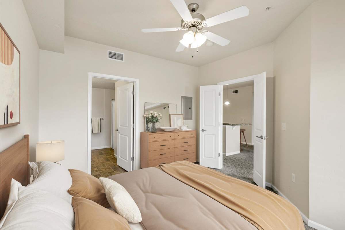 Bedroom with attached bathroom at Sugar Flats in Salt Lake City, Utah