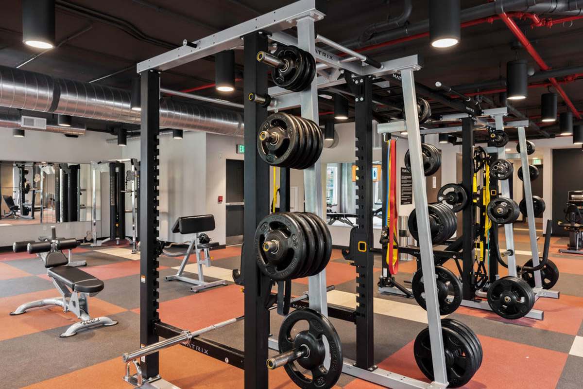 Well-equipped fitness center at Atlas on 17th in Bloomington Indiana