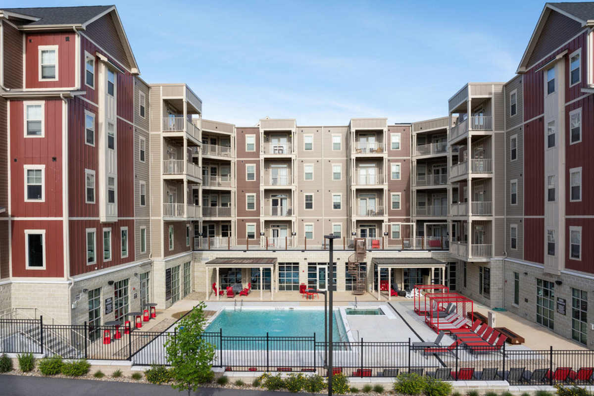 Community view with swimming pool at Atlas on 17th in Bloomington Indiana