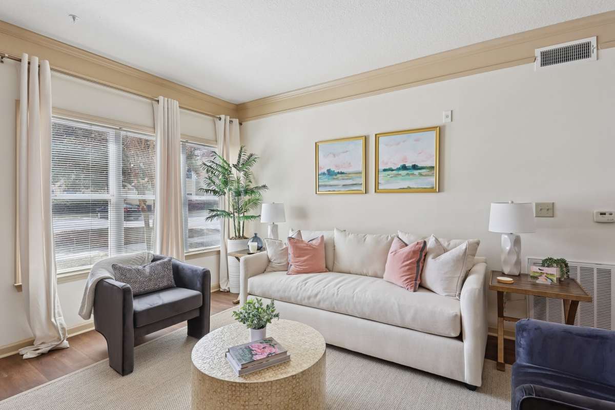 Wood-style flooring in an apartment living room at Tattersall Village in Hinesville, Georgia