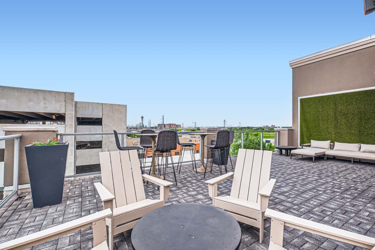 Outdoor lounge for the community at Factory Design District in Dallas, Texas