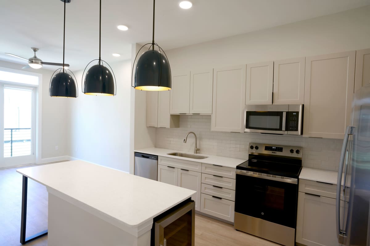 Kitchen with countertops at Pearl Lofts in Dallas, Texas