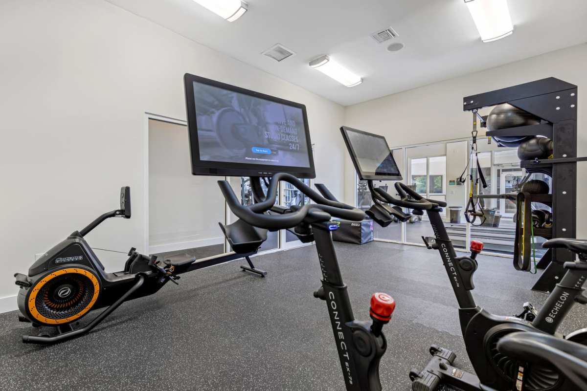 Fitness center with wide range of equipment at Centro at Davie Apartments in Davie,Florida