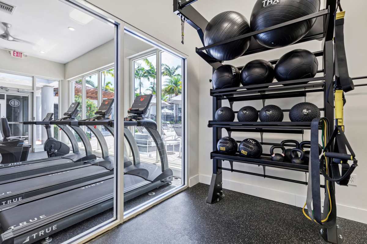 Treadmills and dumbbells at Centro at Davie Apartments in Davie,Florida