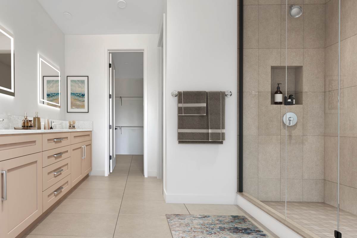 Apartment bathroom with shower at Tower24 Ponto Beach in Carlsbad, California