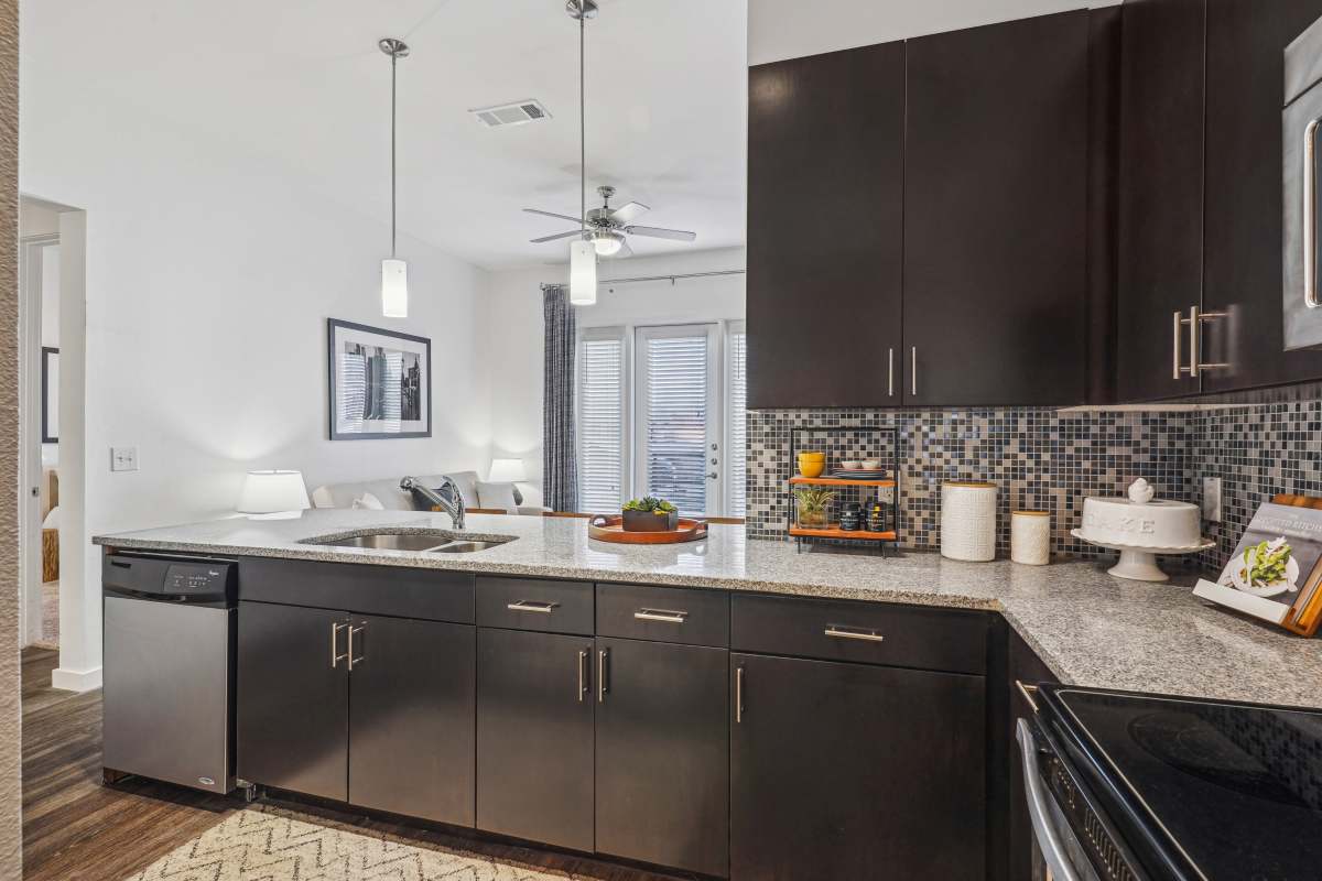 Kitchen connecting to a living room at Century Medical District, Dallas, Texas