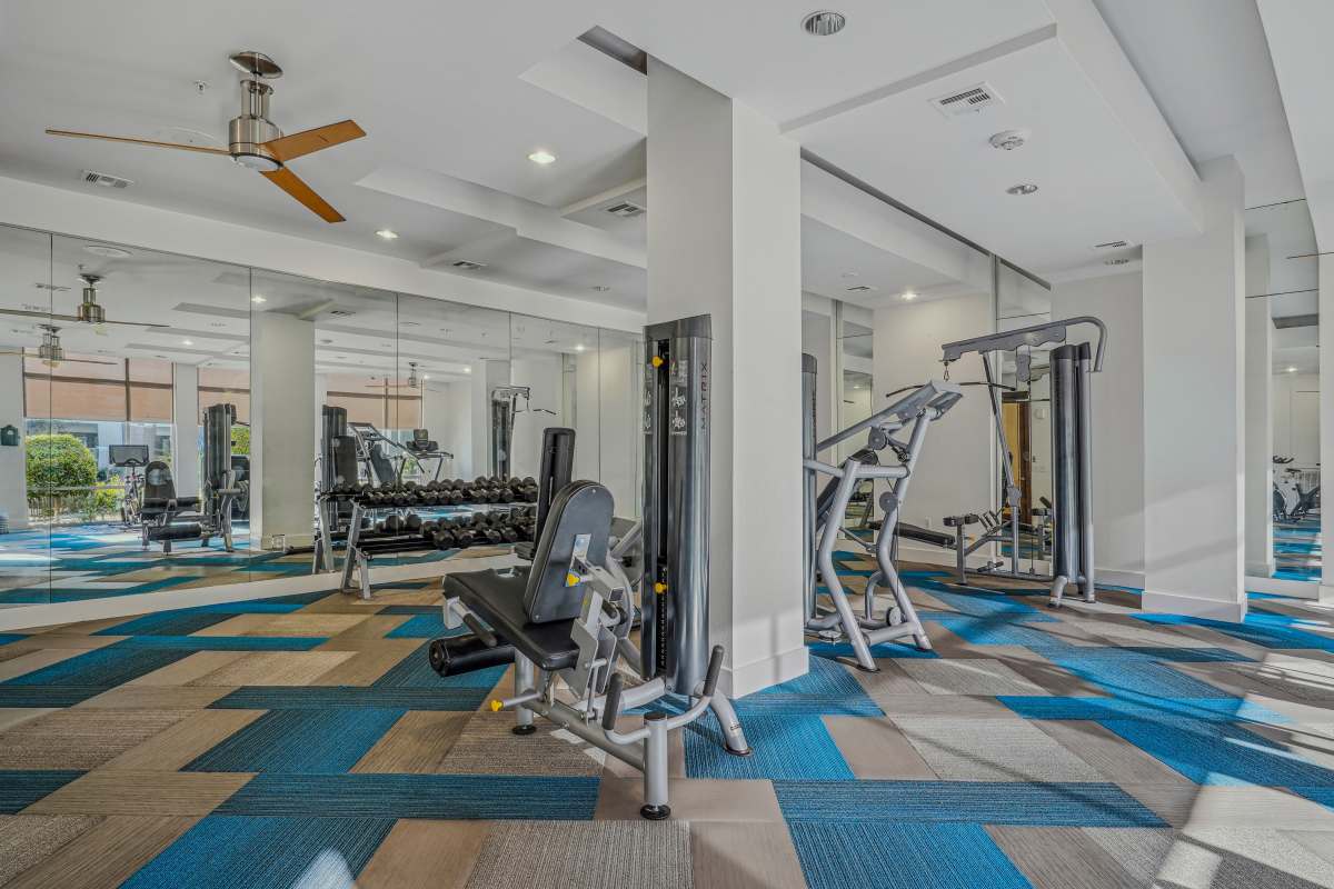 Spacious fitness center at Century Medical District in Dallas, Texas