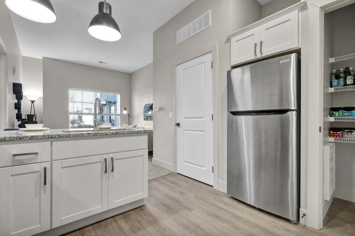 Stainless-steal refrigerator at Gateway Lofts in Lansing, Michigan
