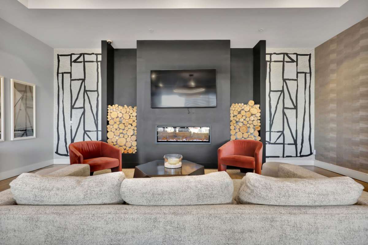 Community seating and TV at Gateway Lofts in Lansing, Michigan