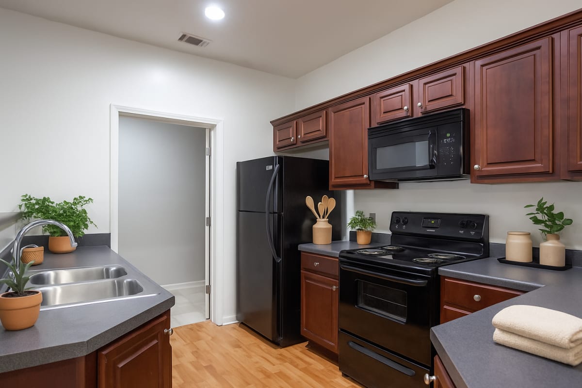Sleek, modern kitchen with stainless steel appliances at Orchard Trace Lagrange in Lagrange, Georgia