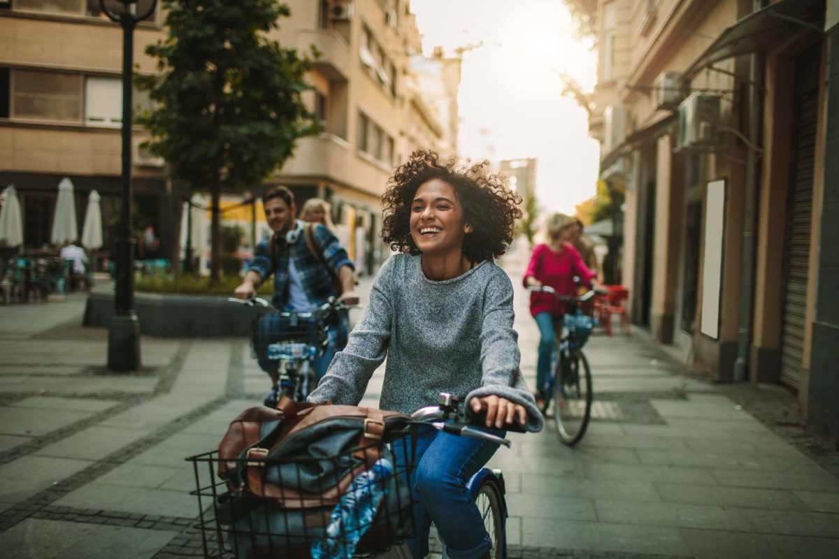 Resident cycling in street near Esplanade in Redondo Beach, California