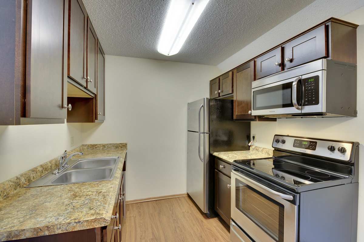 Stainless-steel appliances in kitchen at Fountain Terrace in New Brighton, Minnesota