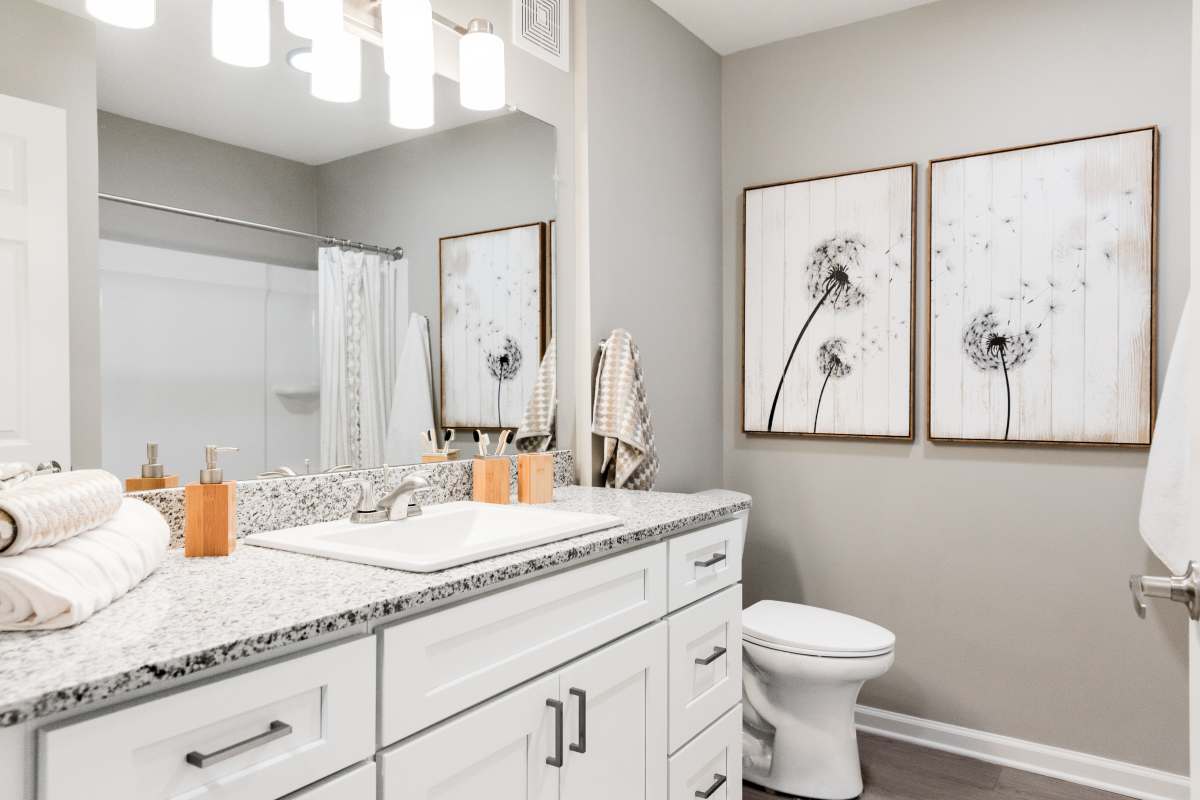Model bathroom with shower tub at Atlas at Goodlett Farms in Cordova, Tennessee