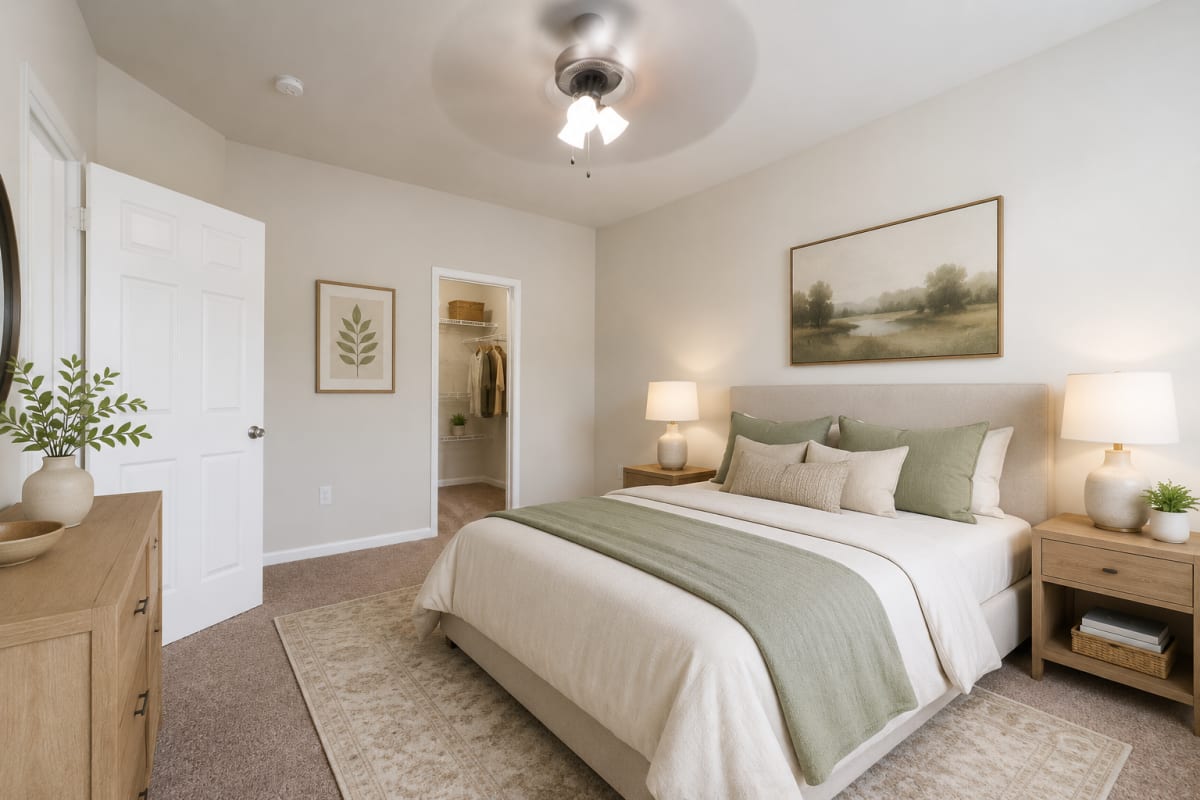 Cozy bedroom at Crescent Park Commons in Greer, South Carolina