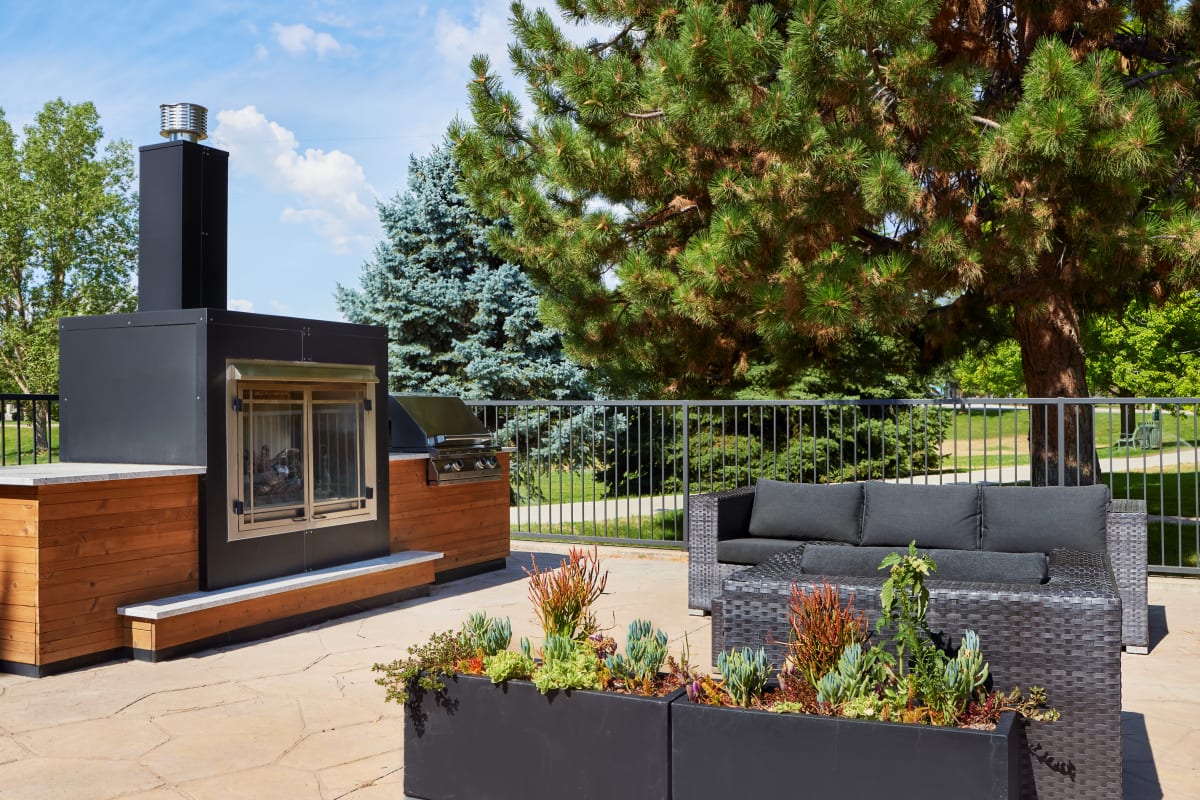 Swimming pool with lounge beds at Lafayette Station in Lafayette, Colorado, 