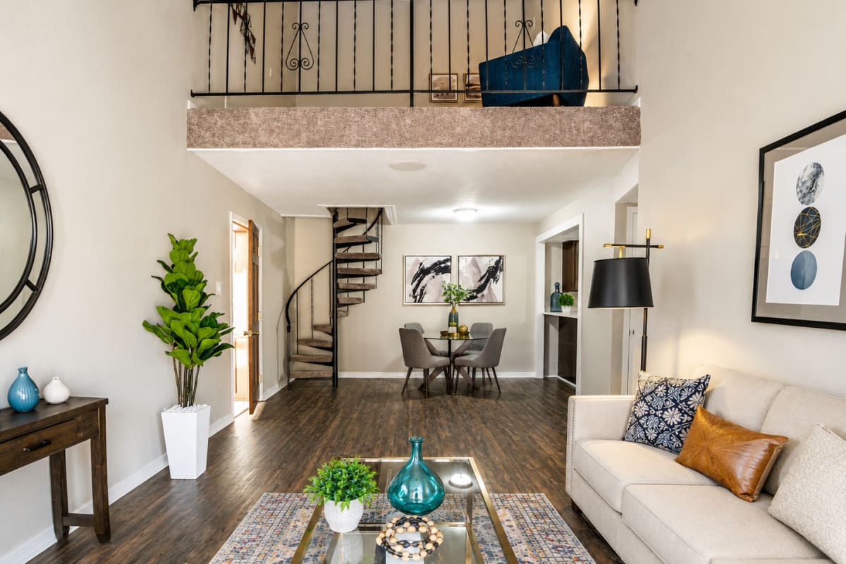 Spiral staircase and dining area at Castle Point in South Bend, Indiana