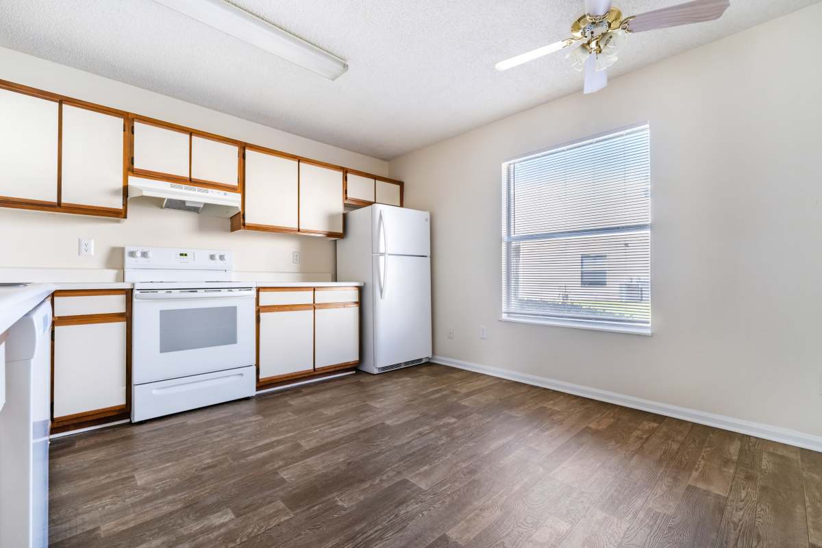 Modern kitchen with cabinets at The Retreat at Hidden Bay in St. Marys, Georgia