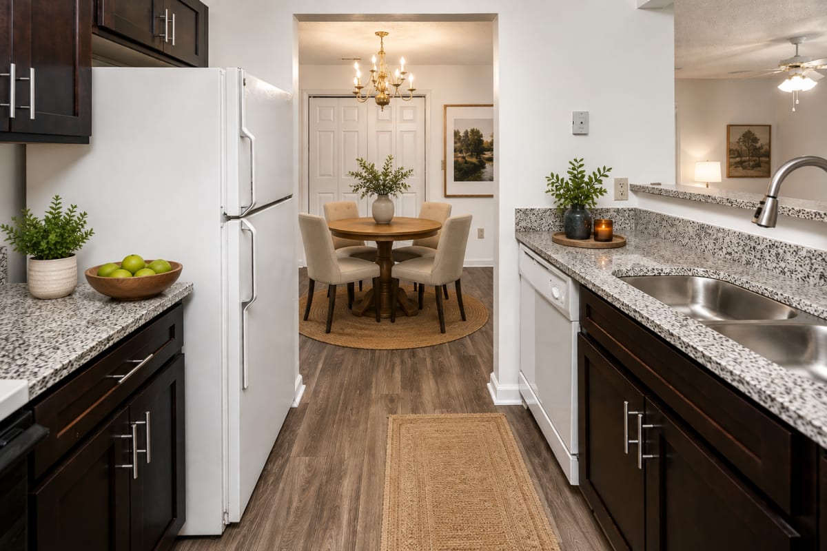 Sleek, modern kitchen with granite countertop at Cloisters of Concord in Concord, North Carolina