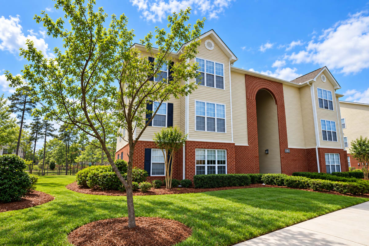 Exterior view of an apartment at Lodge at Lakeshore in Greensboro, North Carolina