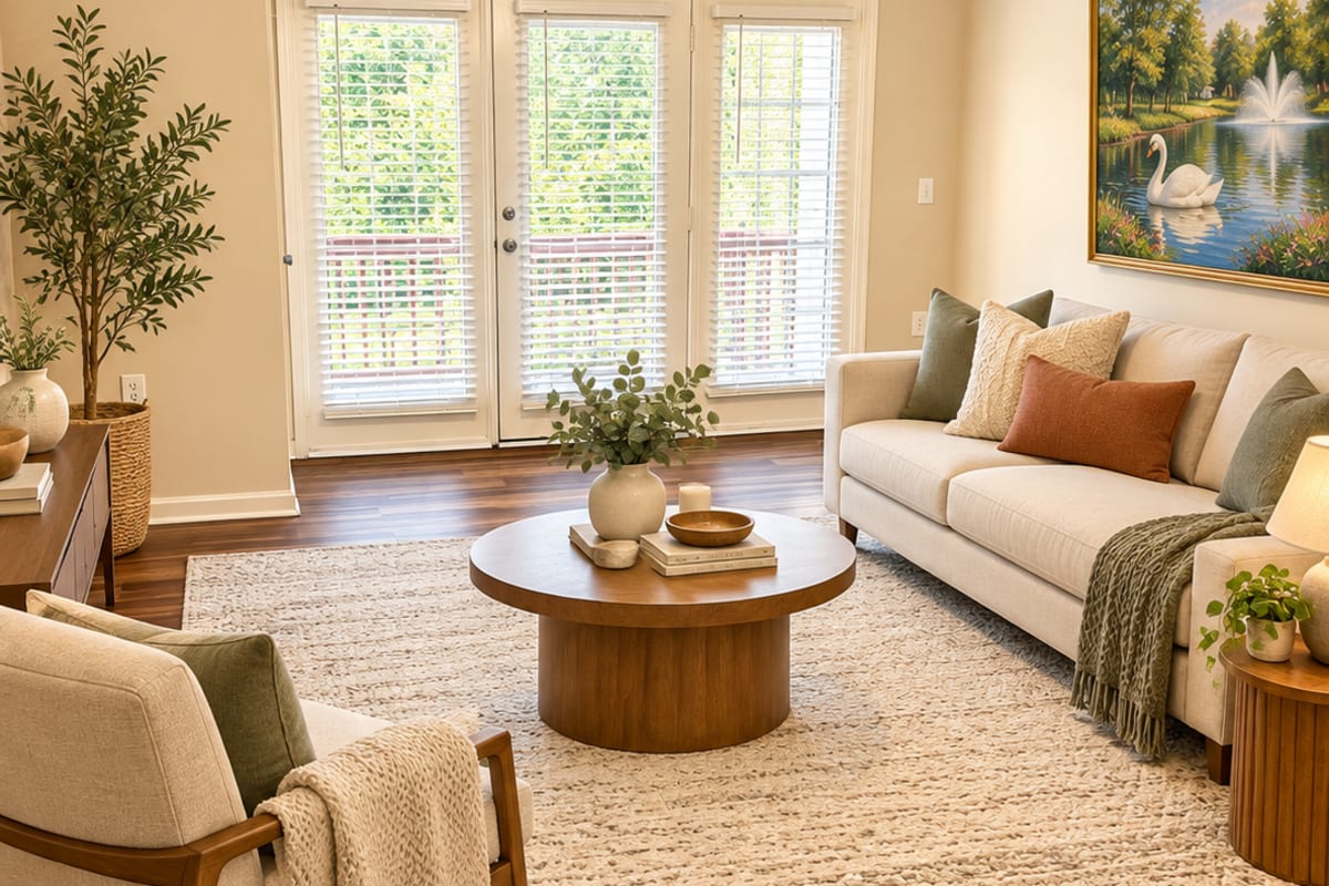 Furnished living room at Lodge at Lakeshore in Greensboro, North Carolina