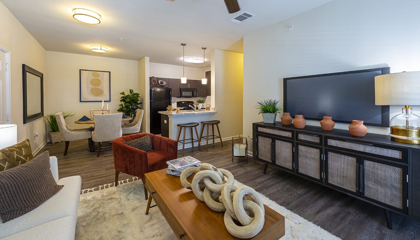 Apartment living room at Brazos Crossing in Richwood, Texas