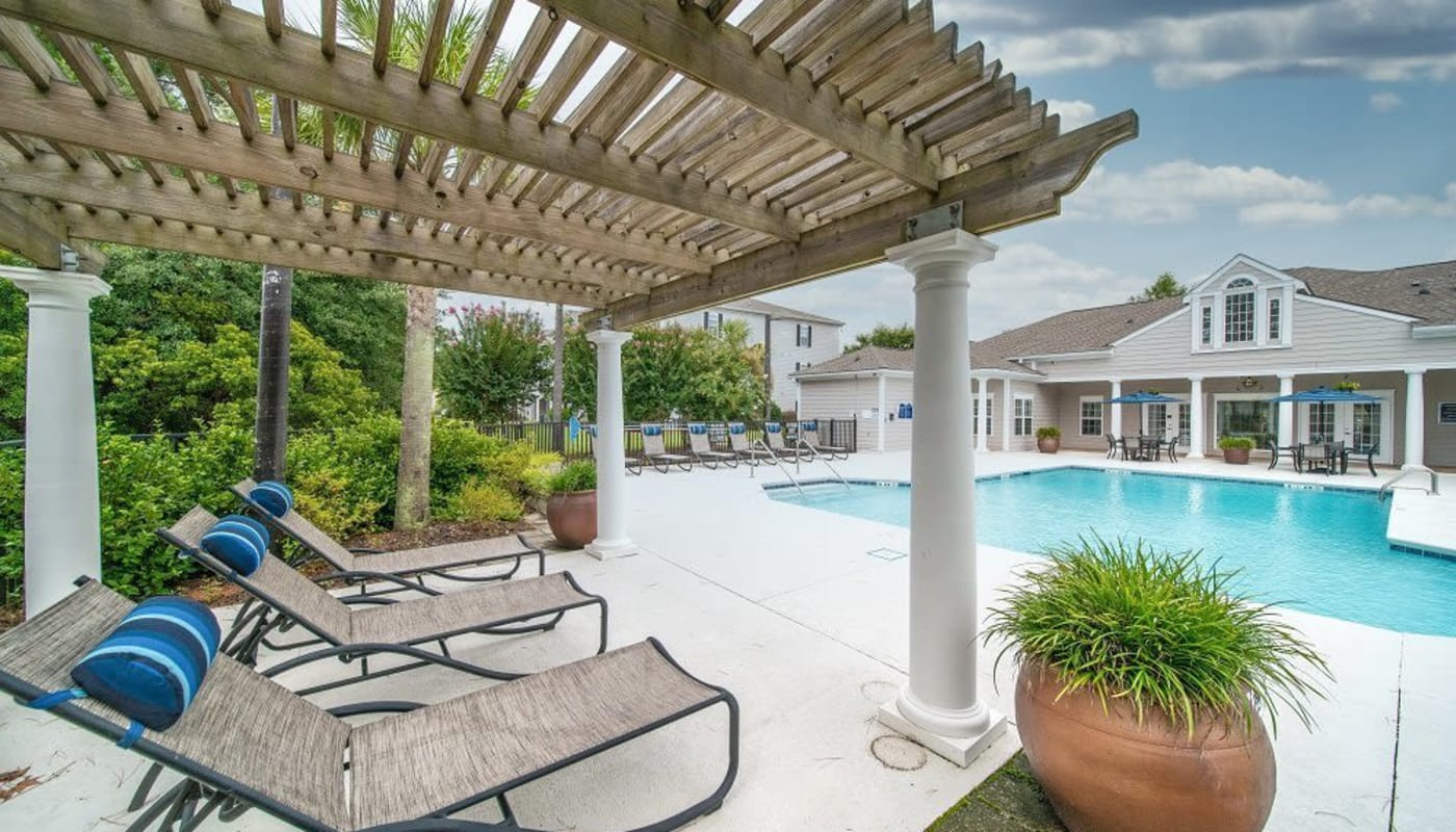 Poolside seating at Oakbrook Village in Summerville, South Carolina