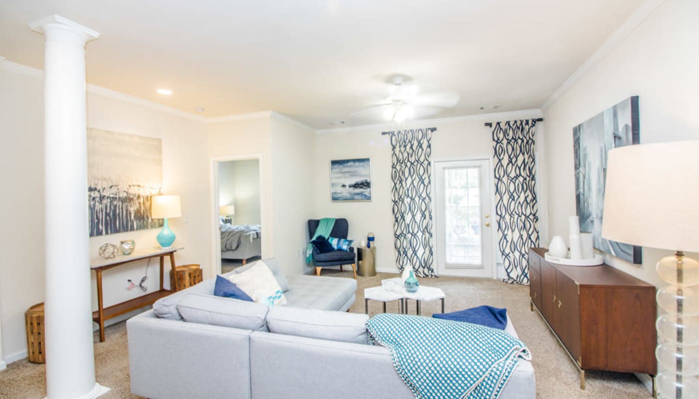 Apartment model living room at Oakbrook Village in Summerville, South Carolina